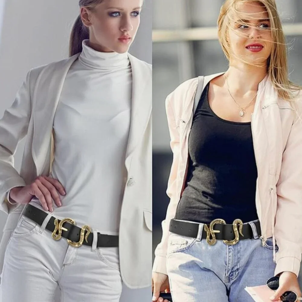 Leather Adjustable Western Snake Buckle Belt